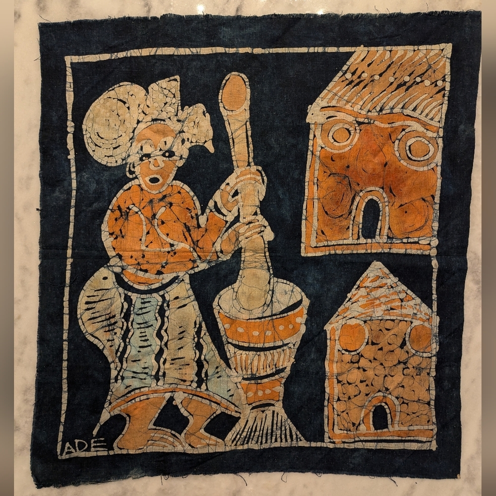 AFRICAN BATIK DESIGN METHOD,Village scene.Woman pounding yams VINTAGE wall tapes